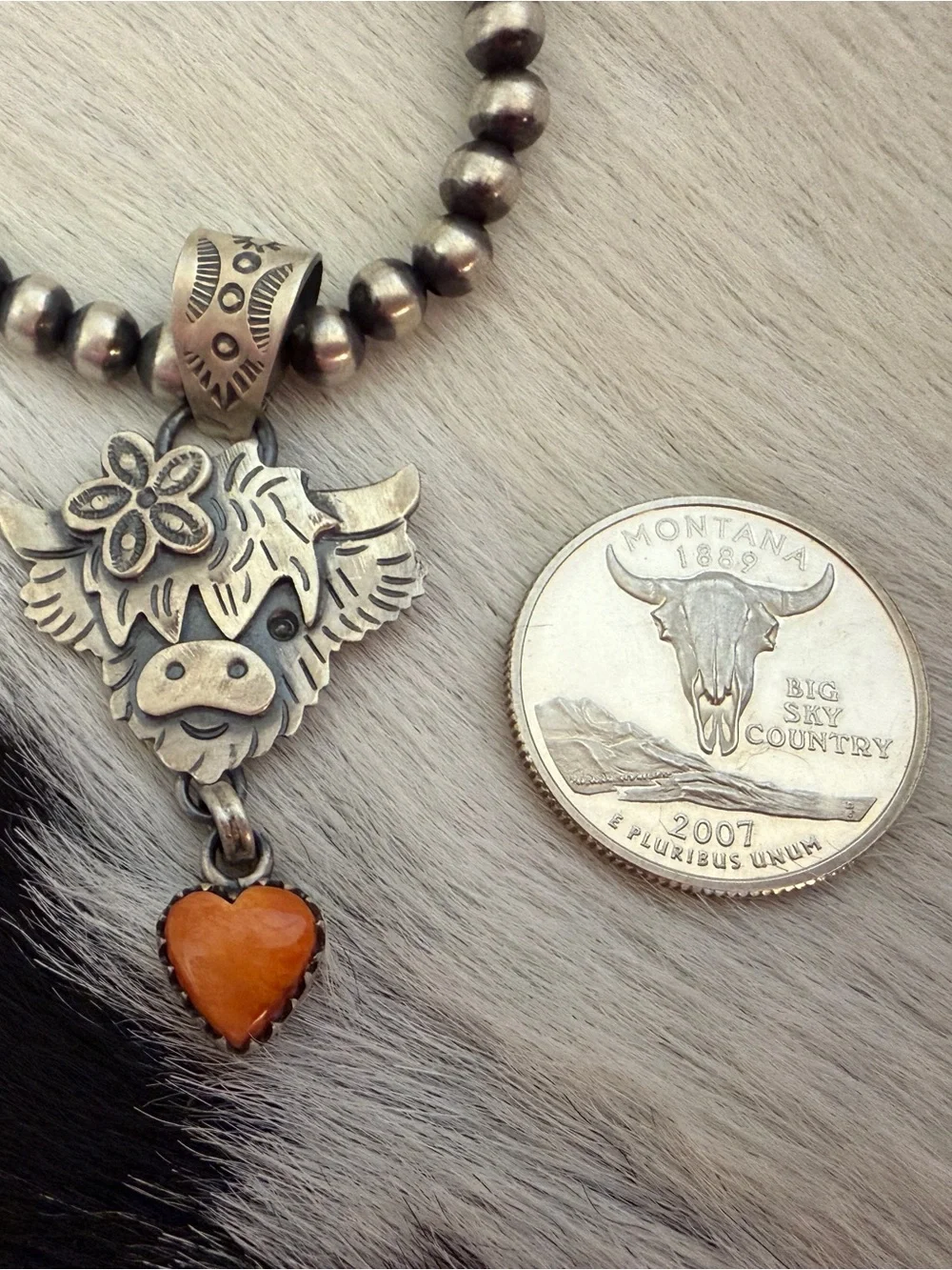 ❤️ Orange Spiny Oyster Heart Sterling Hand Stamped Highland Cow Pendant 1.97”L - Picture 8 of 13